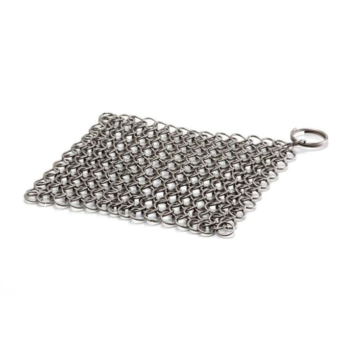 Poêle crêpe en fonte carrée + Spatule coudée Inox + Cotte de maille