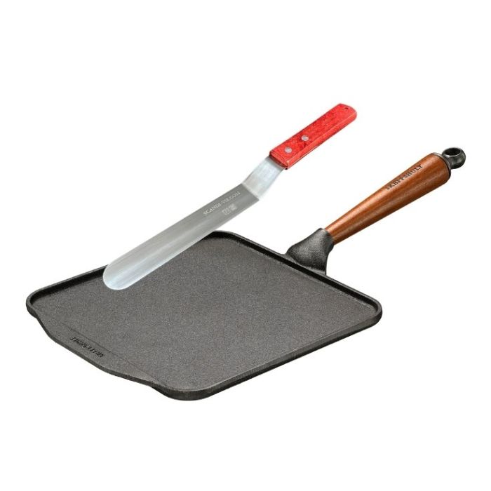 Poêle crêpe en fonte carrée + Spatule coudée Inox