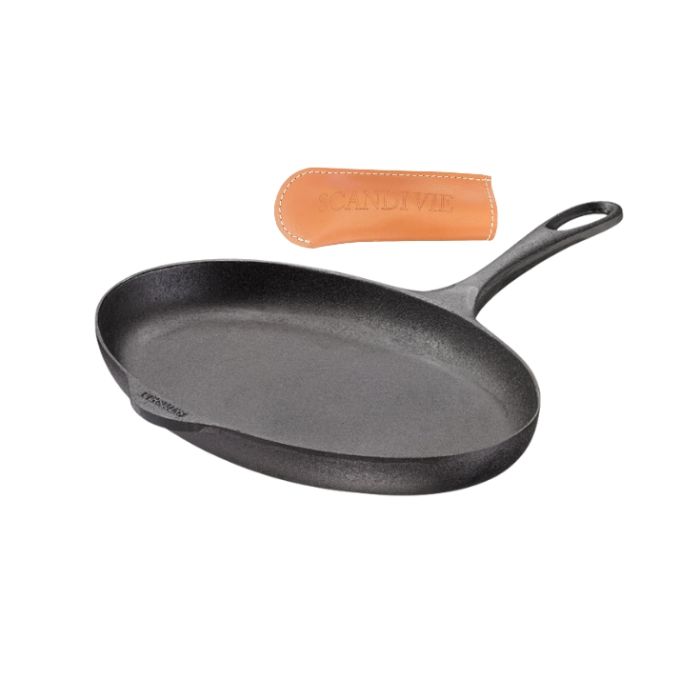 Poêle de cuisine en fonte spéciale poisson + manchon cuir