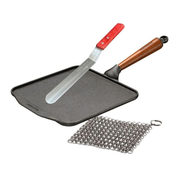 Poêle crêpe en fonte carrée + Spatule coudée Inox + Cotte de maille