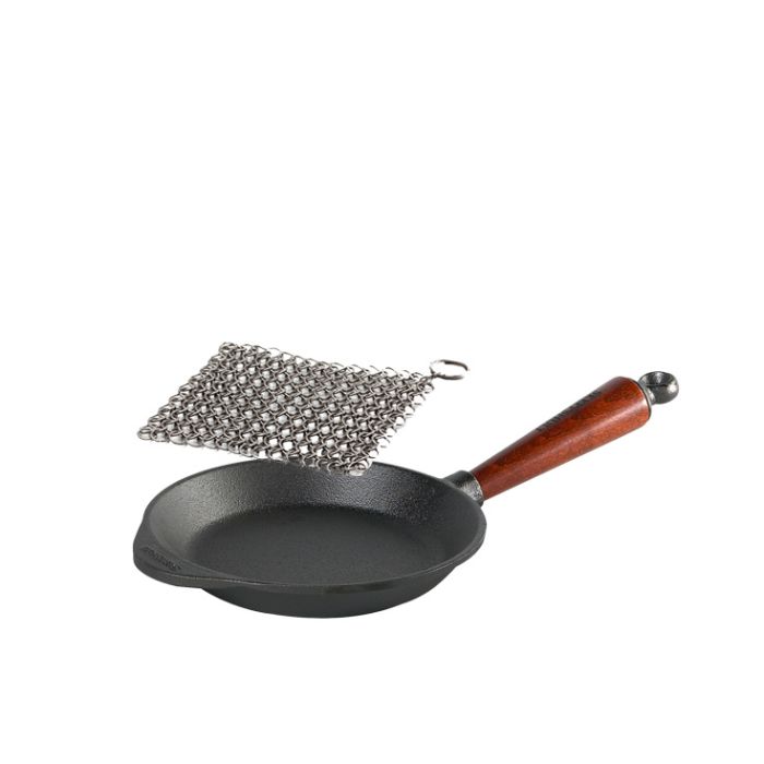 Poêle à frire fonte 18cm Pg hêtre + Cotte de maille