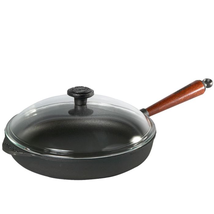 Poêle sauteuse fonte Ø 28 cm Pg hêtre + couvercle verre