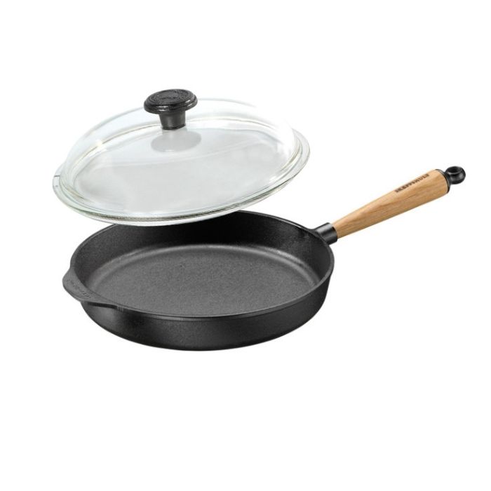 Poêle sauteuse fonte Ø 28 cm Pg chêne + couvercle verre