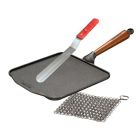 Lot poêle crêpe carrée avec spatule en inox et accessoire d'entretien fonte