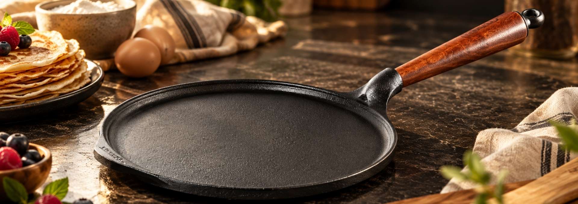 Poêle à crêpe en fonte au style épuré avec son manche en bois